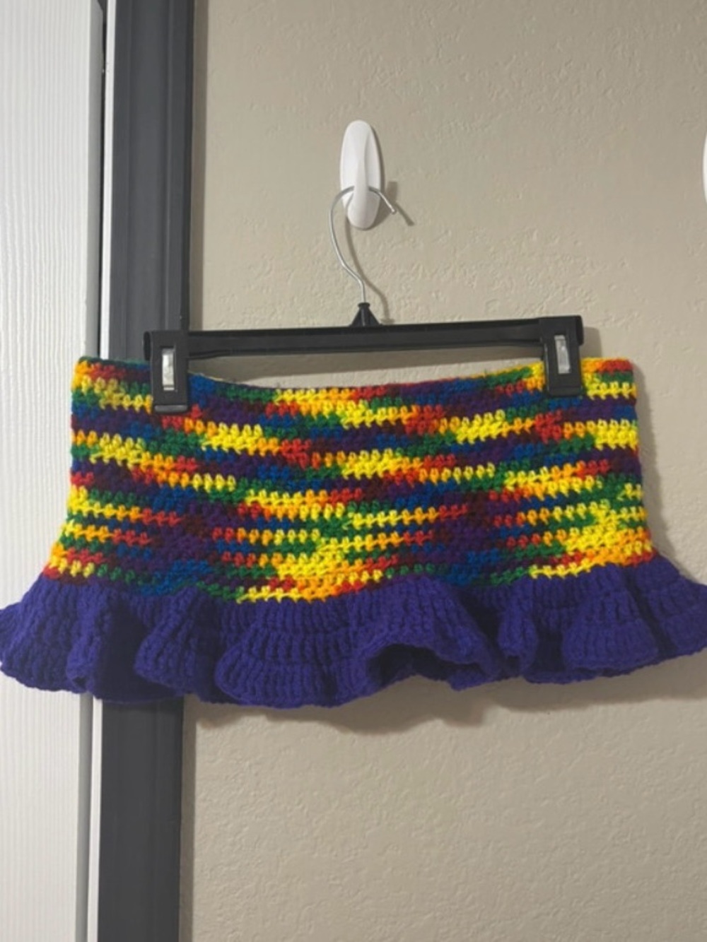 Size LARGE 34 inch Handmade Rainbow Crochet Ruffle Mini Skirt - Purple Trim